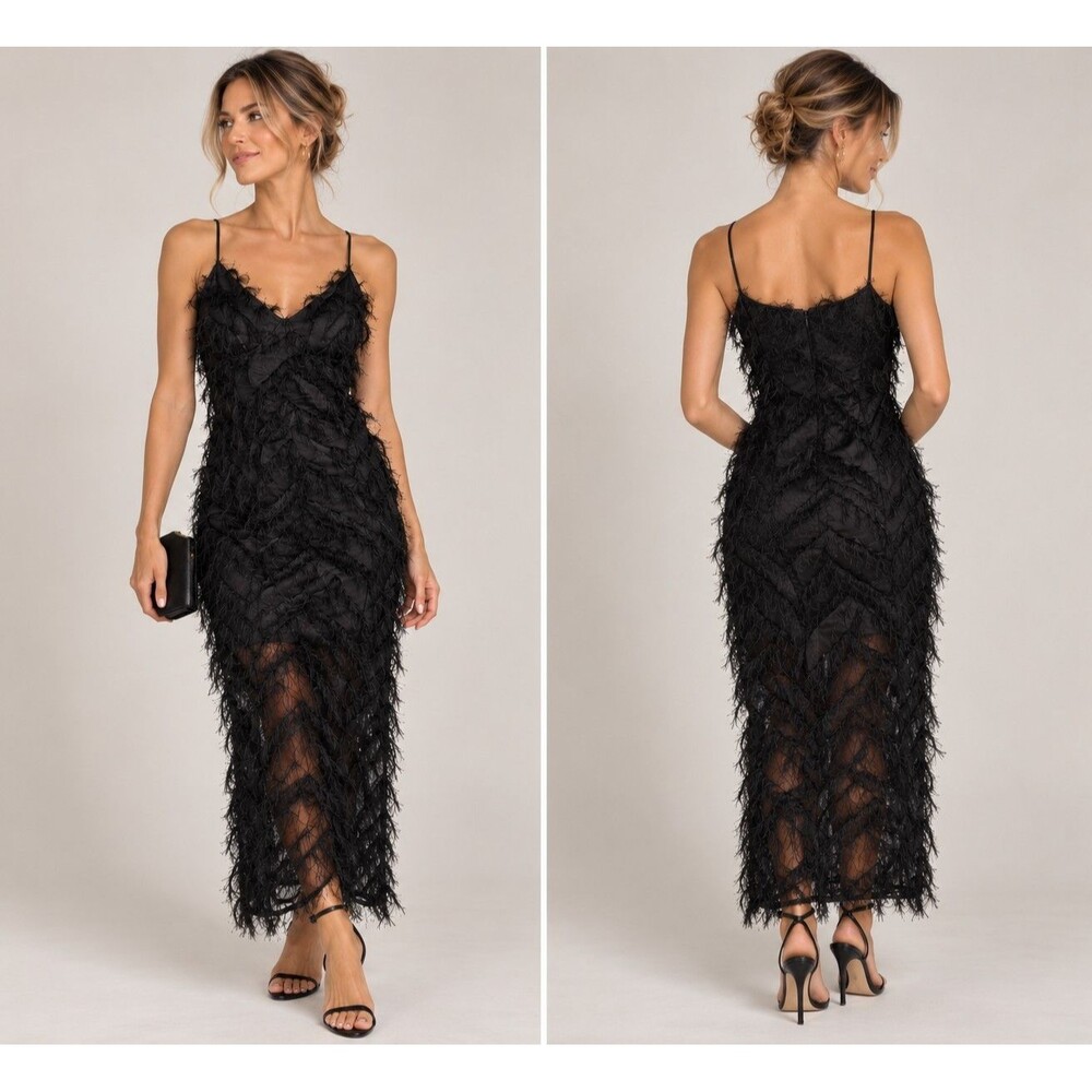 Black Fringe Maxi Dress M Textured Eyelash Slip Dress Gothic Holiday Party Y2K